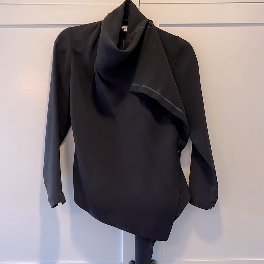 Morgane Le Fay Black Silk Asymmetrical Drape Front Jacket, size S